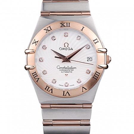 Omega Swiss Constellation Jewelry Rose Gold Case Radial Emblem White Dial