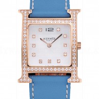 Hermes Heure H Rose Gold Diamond Encrusted Bezel Blue Leather Strap White Dial 80238