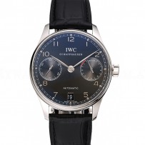 Swiss IWC Portuguese Black Dial Black Subdials Silver Case Black Leather Bracelet 1453906