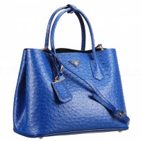 Prada Double Tote Ostrich Leather Bag Blue