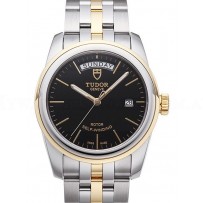 AAA Replica Tudor Glamour Date Day Black Dial Leather Strap Mens Watch 56003