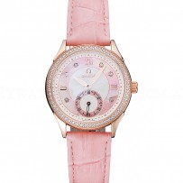 Omega DeVille Prestige Pink Dial Gold Diamond Case Pink Leather Bracelet  1454126