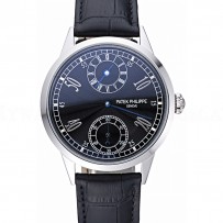 Patek Philippe Geneve Two Dial Black Dial Stainless Steel Bezel Black Leather Band  622145