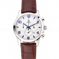 Omega Chronograph White Dial Blue Numerals Stainless Steel Case Brown Leather Strap