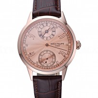 Patek Philippe Geneve Two Dial Rose Dial Rose Gold Bezel Brown Leather Band  622149