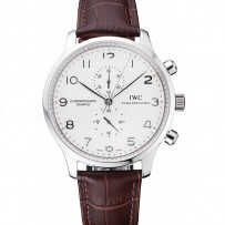 IWC Portugieser Chronograph White Dial Steel Hands And Numerals Stainless Steel Case Brown Leather Strap