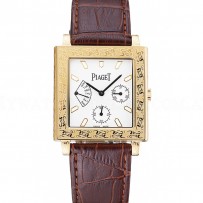 Piaget Emperador Limited Edition White Dial Engraved Gold Case Brown Leather Bracelet  1454139