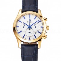 Omega Chronograph White Dial Gold Case Blue Leather Strap