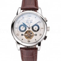 Patek Philippe Classic Tourbillon Power Reserve Black And White Dial Stainless Steel Case Brown Leather Strap