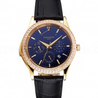 Swiss Patek Philippe Grand Complications Perpetual Calendar Blue Dial Gold Case Diamond Bezel Black Leather Strap