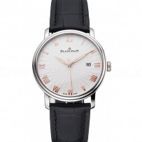 Blancpain Villeret Ultra Slim White Groved Dial Gold Numerals Stainless Steel Case Black Leather Strap