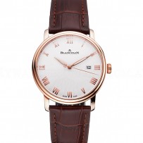 Blancpain Villeret Ultra Slim White Groved Dial Gold Numerals Rose Gold Case Brown Leather Strap