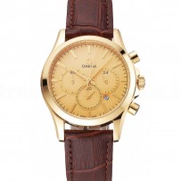 Omega Chronograph Gold Dial Gold Case Brown Leather Strap